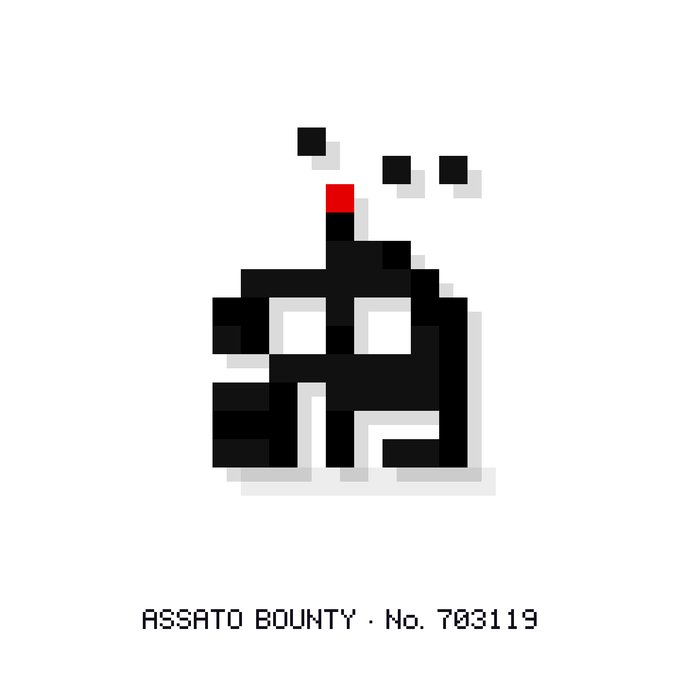 A pixelated black alien-like figure with a red pixel on top, accompanied by floating black pixels and the text "ASSATO BOUNTY · No. 703119" below. The image serves as a minimalist poster-style announcement celebrating the first winner of the Assato bounty program, awarding $20 to an anonymous participant for finding specific information.
