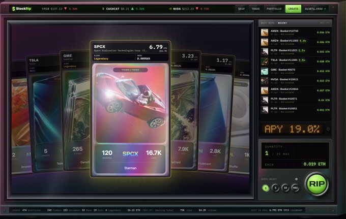 A Stackr blockchain interface showing NFT portfolio cards for SPX, TSLA, GME, and others, with an APY of 19.8% displayed.