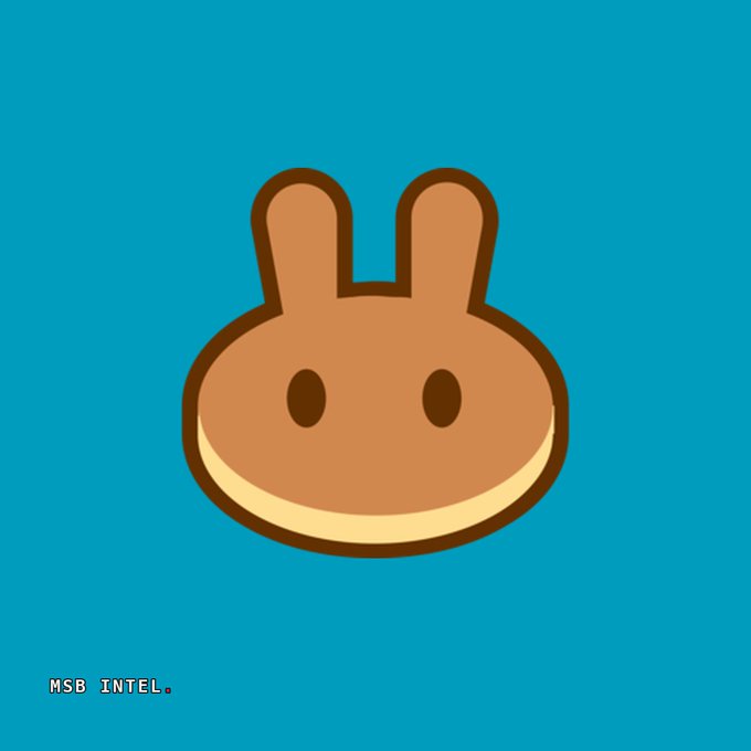 A cute brown rabbit-faced pancake character with the text "MSB INTEL." appears on a blue background, symbolizing PancakeSwap's deflationary token burn through its mascot.