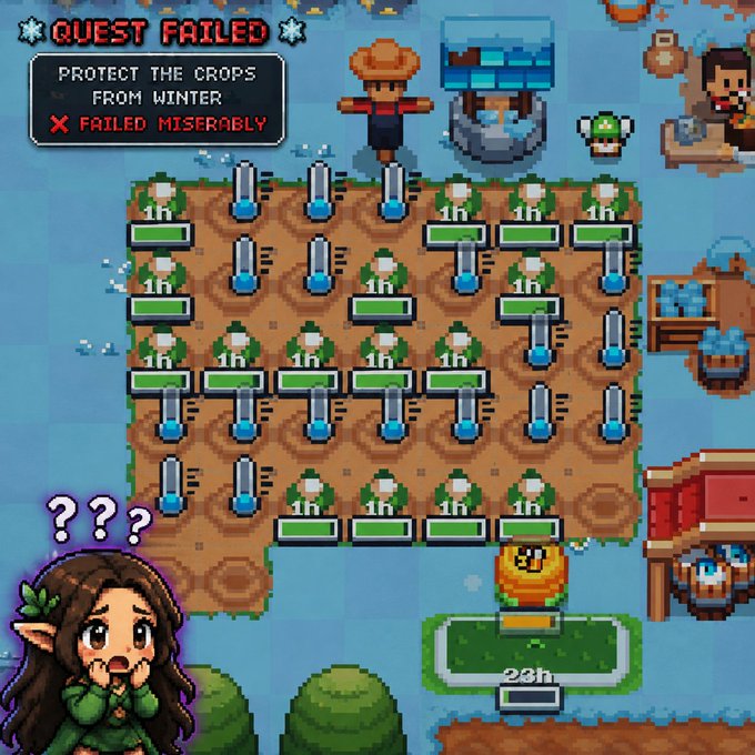A screenshot from a pixel-art farming game displays a 'QUEST FAILED' message for 'PROTECT THE CROPS FROM WINTER', showing dead or frozen crops in a field with various pixelated characters nearby.