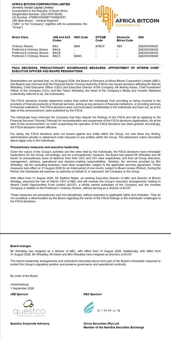 The image shows an official announcement from Africa Bitcoin Corporation Limited (JSE: ABC, NSX Code: BAGC, OTCQB: BCNG) regarding FSCA precautionary debarment measures, specifically stating that CEO Warren Wheatley, CIO Karan Pillay, and Head of Company Secretarial Mrs. Tatum Wheatley were suspended, with the executive measures taking effect from 31 August 2026. The announcement confirms the post's claim that Warren and Tatum Wheatley were debarred by the FSCA, though it also notes that the debarment is precautionary rather than punitive, with the board appointing Mr. Stafford Masie as interim Executive Director to maintain governance continuity.