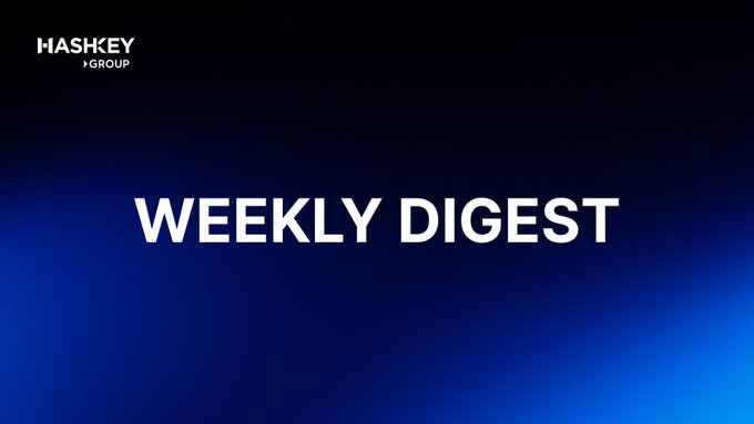 The image features a dark blue gradient background with the "HashKey Group" logo in the top-left corner and the text "WEEKLY DIGEST" prominently displayed in the center. It serves as a title card for HashKey's Weekly Digest, which highlights the company's recent ecosystem activities including strategic partnerships with HashKey Exchange and OneDegree to advance stablecoin adoption.