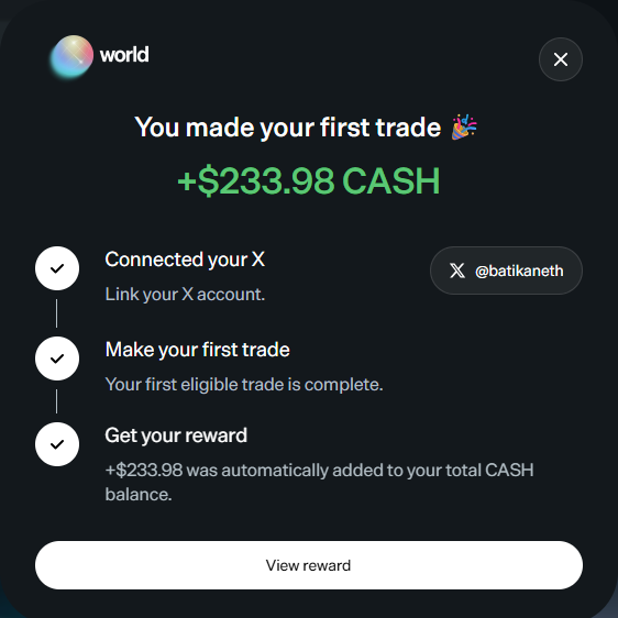 The image shows a "world" app notification celebrating a user's first trade, awarding them **+$233.98 CASH** after linking their X account (@bafikaneth) and completing an eligible trade, with a "View reward" button at the bottom.

The image appears unrelated to the post's to-do list about Bitfoots NFT collection giveaways on Zcash and modelcitizens.gg slots, as it instead showcases a separate cash reward promotion from the Worldcoin "world" platform.