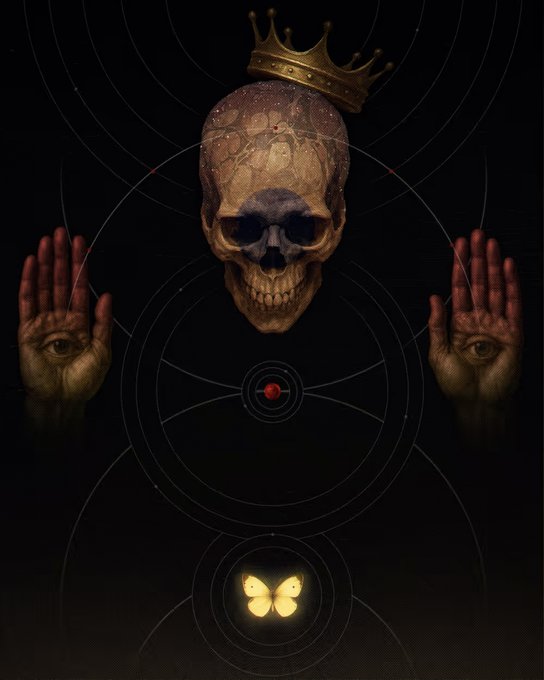 Dark, surreal artwork featuring a crowned skull with hands displaying eyes on their palms, set against concentric circular patterns with a glowing butterfly at the bottom.