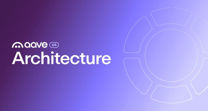 A purple gradient graphic displaying the text 'aave V4 Architecture' alongside a circular gear-like logo.