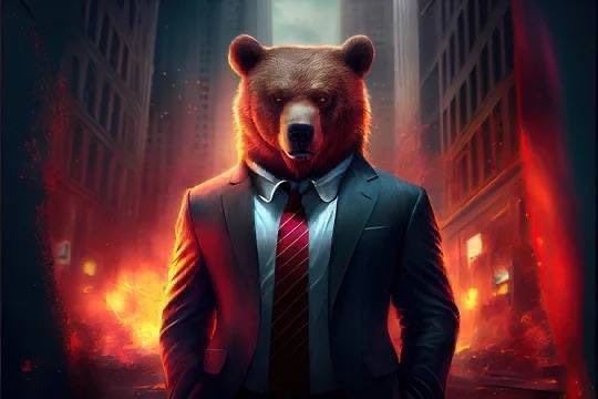 The image features a bear dressed as a businessman wearing a suit and tie, standing against a city skyline backdrop with buildings of various sizes. The bear's attire includes a red necktie, giving him an air of professionalism and sophistication. The scene is set in a city environment, which adds to the overall theme of the post. The caption "bitcoin native" suggests that this image might be related to Bitcoin or cryptocurrency, possibly as part of a promotional campaign for Bitcoin or simply as a creative way to present the concept of digital currency within a relatable context.