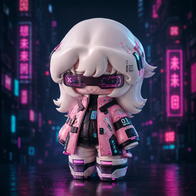 A 3D-rendered cyberpunk-style character with white hair, pink jacket, and futuristic visor, standing in a neon-lit cityscape with pink signage.