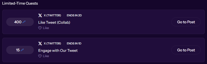 A screenshot of a "Limited-Time Quests" interface offering rewards of 400 and 15 points for liking and engaging with X (Twitter) posts, featuring "Go to Post" buttons.