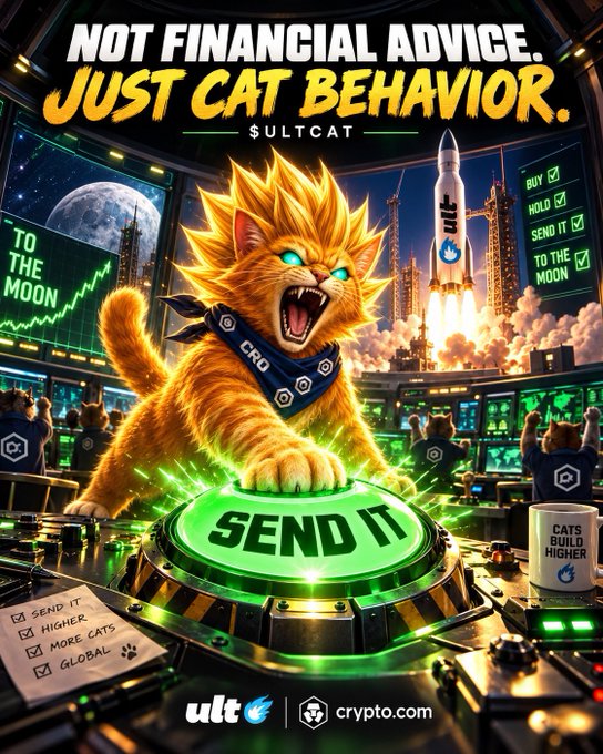 A vibrant crypto advertisement featuring an orange cat in a blue bandana pressing a glowing green "SEND IT" button, with text reading "NOT FINANCIAL ADVICE. JUST CAT BEHAVIOR." along with logos for "ult" and "crypto.com".