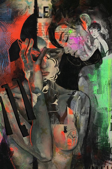 This mixed-media collage depicts a figure with their hand covering their face in a gesture of sleepiness or waking up, set against a chaotic background of red and green washes and collage elements, with visible text fragments including "LE" and the Roman numeral "III".