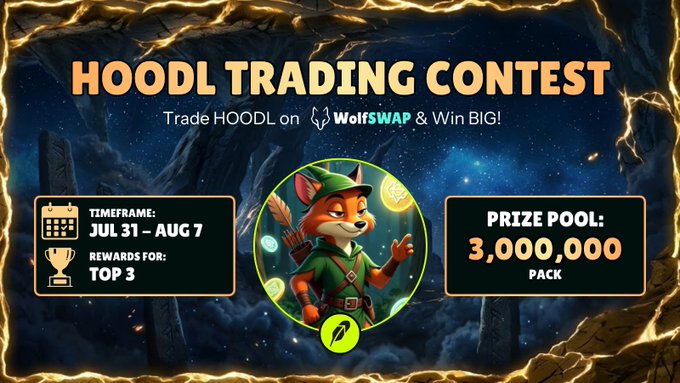 A promotional banner advertises a 'HOODL TRADING CONTEST' on WolfSwap with a timeframe of July 31 - Aug 7, featuring a cartoon fox character and a prize pool of 3,000,000 PACK.
