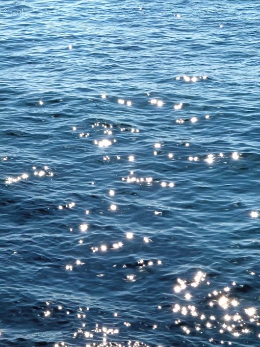 Sparkling sunlight reflects off the rippling surface of blue ocean water, creating scattered bright glints across the waves.