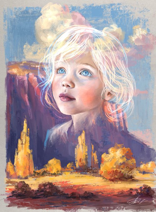 A digital painting portrait of a young child with blonde hair and blue eyes gazing upward, set against a painted background of a canyon landscape with warm orange tones.