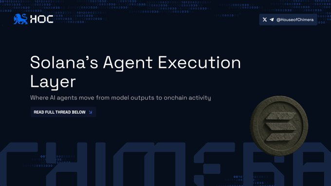 The image displays a page from HOC, which is an AI-based technology company. The image presents a list of services offered by Solana's Agent Execution Layer, such as blockchain, smart contracts, tokens, and more. It also indicates that the company has been featured on Chimera's homepage, showcasing the layer's capabilities to those interested in implementing similar solutions for their projects or businesses.