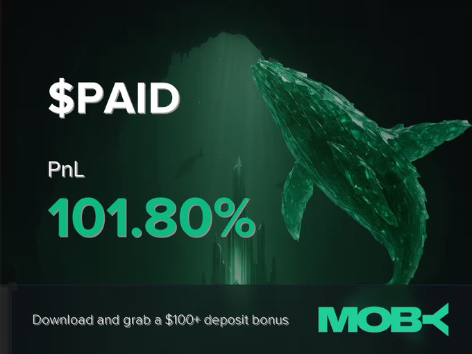 A promotional graphic for Moby featuring a green, low-poly whale diving against a dark background, displaying "$PAID" with a PnL of "101.80%" and text reading "Download and grab a $100+ deposit bonus" alongside the Moby logo. The image visually celebrates the trader's successful +101.80% profit on $PAID, with the rising whale symbolizing the token's impressive growth from $293.47K to $20.98M market cap.