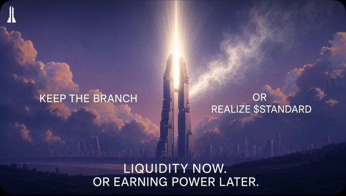 A futuristic sci-fi image of a glowing rocket or tower with the text 'KEEP THE BRANCH' and 'REALIZE SSTANDARD' on either side, and 'LIQUIDITY NOW. OR EARNING POWER LATER.' at the bottom.