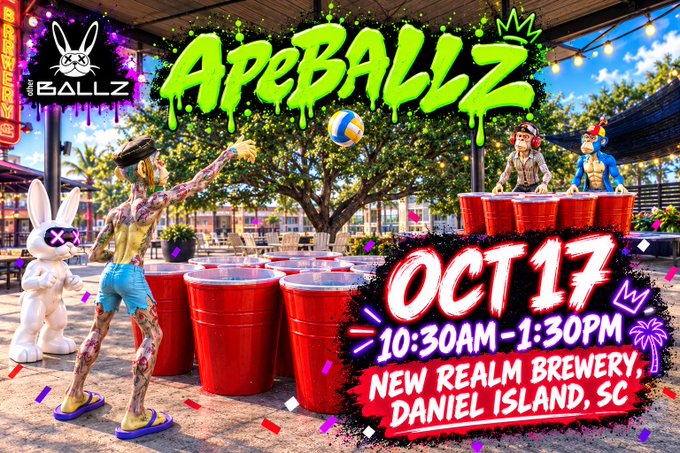 Promotional graphic for 'ApeBallz' event on Oct 17, 10:30AM-1:30PM at New Realm Brewery, Daniel Island, SC, showing red trash cans and figures in an outdoor setting.