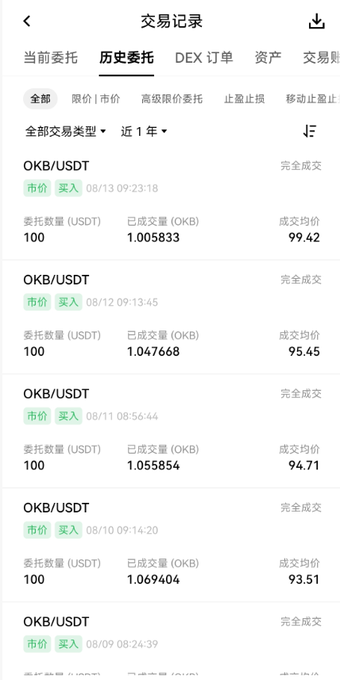 A mobile screenshot displays a trading history in Chinese (交易记录), listing completed OKB/USDT market buy orders with prices like 99.42 and 95.44.