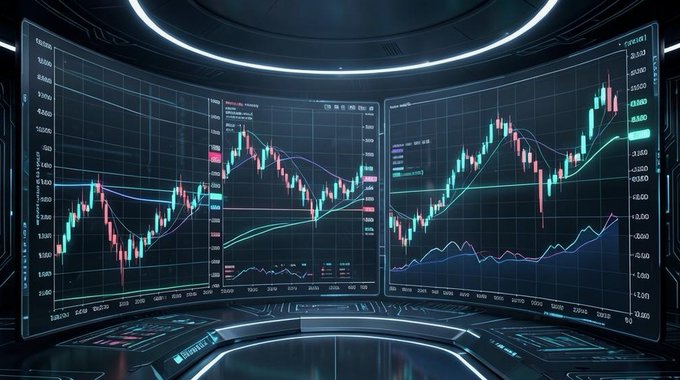 Three large curved digital screens display complex financial trading charts with candlestick patterns, line graphs, and numerical data in a futuristic, high-tech setting.