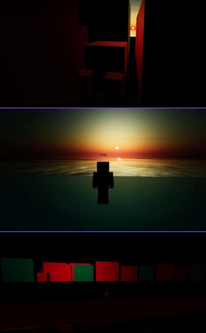 A dark, atmospheric digital artwork divided into horizontal panels, showing a silhouetted figure standing in water beneath a glowing orange sun, with geometric shapes and colored rectangles in the surrounding panels.