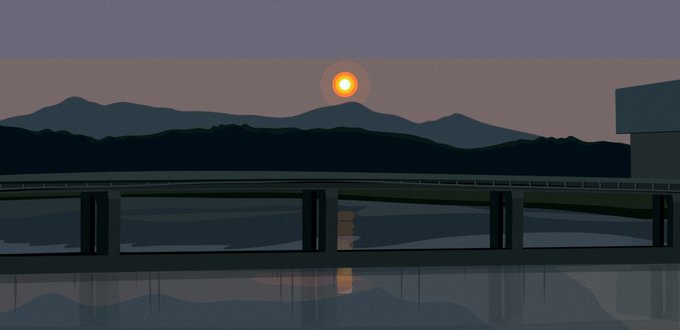 A minimalist digital illustration of a sunset over silhouetted mountains, reflected in water behind a bridge or railing.