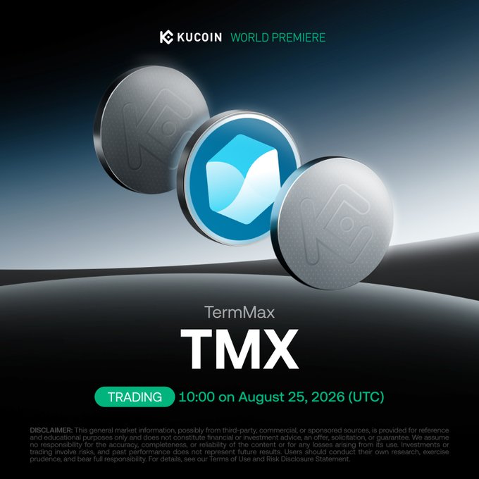 A KuCoin promotional graphic announcing the world premiere listing of TermMax (TMX) token, with trading scheduled for 10:00 on August 25, 2026 (UTC), featuring three metallic coin renders displaying the TMX logo.