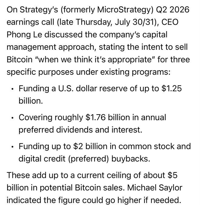The image displays text from Strategy's (formerly MicroStrategy) Q2 2026 earnings call, where CEO Phong Le outlined three potential Bitcoin sale purposes—funding a $1.25 billion USD reserve, covering $1.76 billion in annual dividends/interest, and up to $2 billion in buybacks—totaling roughly $5 billion. This aligns with the post by specifying the breakdown of the $5 billion Bitcoin sale authorization, with Michael Saylor (referenced in the image) noting the figure could increase if needed.