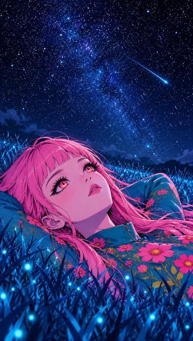 An anime-style illustration of a pink-haired girl lying in a field of glowing blue grass, looking up at a starry night sky with a shooting star.