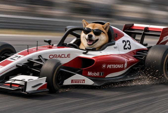 An AI-generated image depicts a smiling Shiba Inu dog wearing sunglasses while driving a red Formula 1 race car branded with Oracle, Petronas, Mobil 1, and Pirelli logos, marked with the number 23.