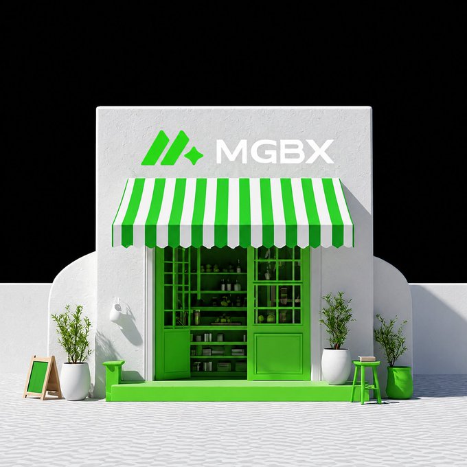 A 3D-rendered storefront features a white and green color scheme with a striped awning, displaying the "MGBX" logo and a stylized green emblem above. The shop, filled with shelves of products and flanked by potted plants, serves as a stylized "Energy Station" reflecting the MGBX brand's vibrant, modern aesthetic.