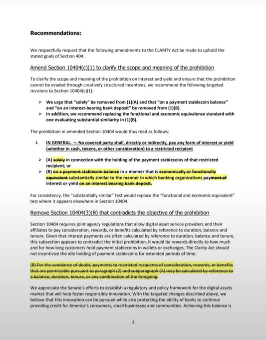 The image shows a page of policy recommendations proposing amendments to Section 10404 of the CLARITY Act, with key highlighted text urging that "solely" be removed and that the prohibition apply to interest or yield "on a payment stablecoin balance in a manner that is economically or functionally equivalent substantially similar to the manner in which banking organizations payments of interest or yield on an interest bearing bank deposit" — directly relevant to the banking lobby's push for broader restrictions on stablecoin rewards.
