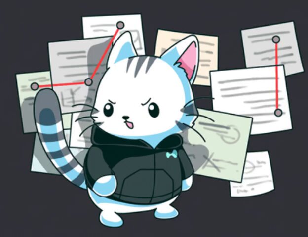 The image features a cartoon cat wearing a black jacket with a hoodie underneath, standing against a dark background. The cat appears to be angry or upset, as indicated by its facial expression. Surrounding the cat are numerous papers scattered throughout the scene, which could represent documents related to the cat's situation. These papers seem to be floating in mid-air and overlapping each other, creating an impression of chaos. The image also includes a text that reads "Instead of saving in the bank, better save your assets in hyperliquid:native Enjoy your Monday, Hyperliquid fam". This message seems to be related to the cat's current situation or the post it is associated with.
