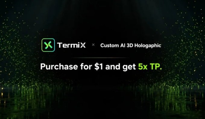 A promotional graphic with a dark green, sparkling background displaying 'TermiX x Custom AI 3D Holographic' and the offer 'Purchase for $1 and get 5x TP.'