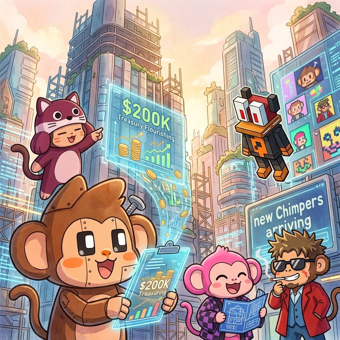 A colorful digital illustration featuring cartoon monkey characters in a futuristic city, with one holding a clipboard showing '$200K Treasury Flourishing'.