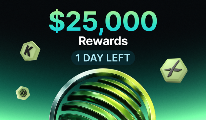 A promotional graphic displaying '$25,000 Rewards' with '1 DAY LEFT' text, featuring a metallic green spherical object and floating hexagonal icons with 'K', an X, and a swirl symbol.