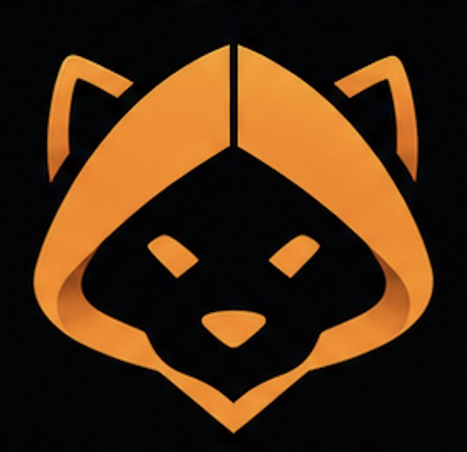 A stylized orange and black geometric logo of a raccoon-like animal face with pointed ears and angular eyes on a dark background.