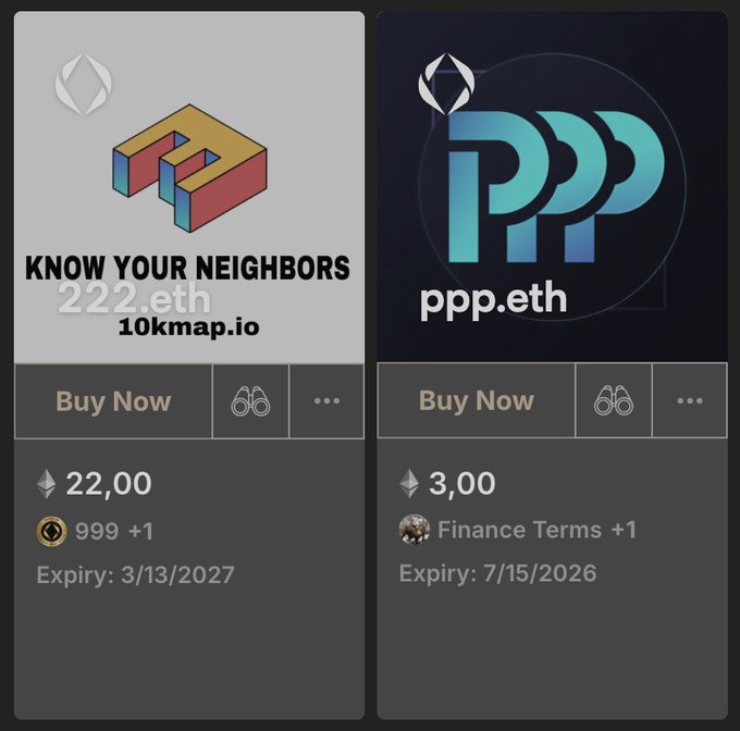 The image presents two pieces of information about cryptocurrencies, specifically ether (Ethereum) and ppp (P++). One text box provides a description for ENS trading opportunities that includes an image of the coin market graph; the other text box displays a website offering the chance to buy and sell coins.