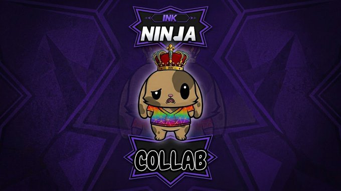A cartoon-style graphic featuring a pug wearing a crown and a colorful shirt, labeled 'INK NINJA COLLAB' against a purple star-patterned background.