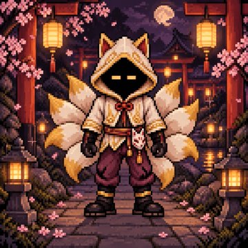 Pixel art depicts a fox-like character with multiple tails wearing a white hooded robe, standing in a Japanese-inspired shrine setting with lanterns and cherry blossoms.