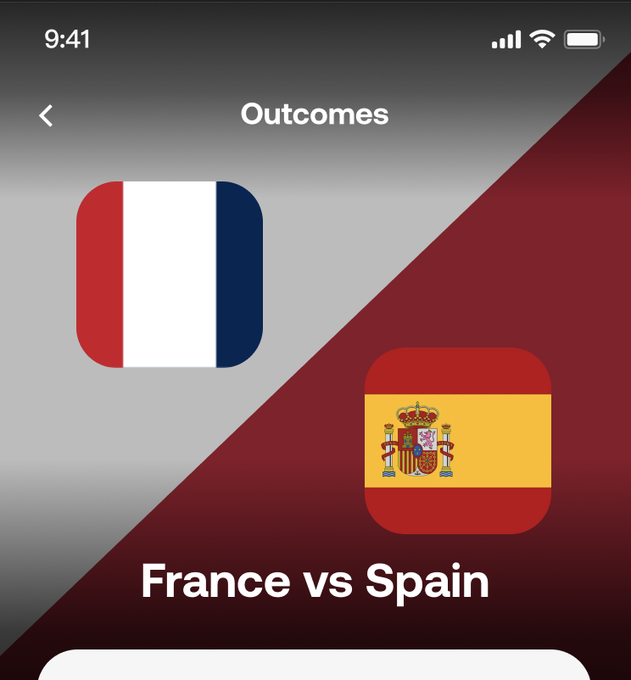 A mobile app screen titled 'Outcomes' featuring app icons for France and Spain, with 'France vs Spain' displayed at the bottom.