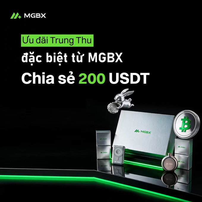 A promotional advertisement for 'MGBX' cryptocurrency exchange offering '200 USDT' Mid-Autumn Festival ('Ưu đãi Trung Thu') bonus, displaying silver Bitcoin-themed prizes and MGBX-branded boxes against a black background with green accents.