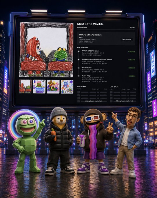 A digital NFT marketplace interface titled "Mint Little Worlds" displays a Pepe & Peep's Holders page featuring hand-drawn crayon-style artwork of Pepe characters. In front of the screen stand four stylized 3D characters: a neon-ringed frog, a cat, a monkey with 3D glasses, and a human in a blue jacket.