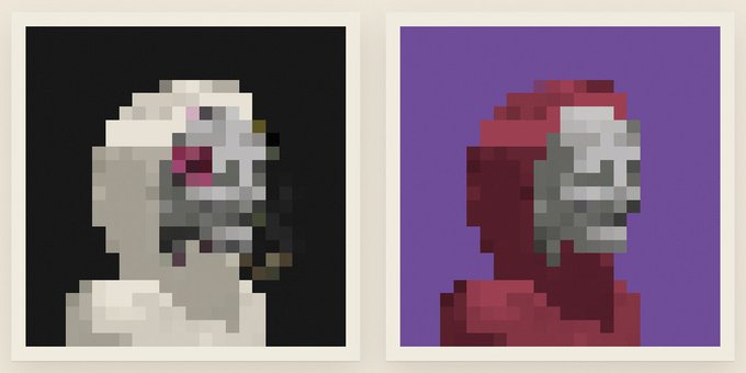 The image features two pixel art portraits side by side—one of a white unicorn against a black background and another of a red-hooded figure against a purple background—evoking the concept of a "crew" through their paired, complementary presentation.