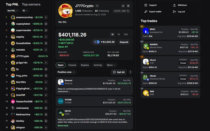 The image displays a cryptocurrency trading dashboard on PumpFun featuring user "J777Crypto" with a portfolio valued at $401,118.26 and a rank of #7, showing positions in tokens like Basecat ($176,461.79), $TONK ($107,520.19), and DELTA ($35,977.62), alongside a top earners leaderboard where J777Crypto sits in 7th place with $245.7K in net PNL. The screenshot illustrates the user's trading activity and platform ranking that aligns with their post about their journey to claim a top 3 spot while providing early signals to followers.
