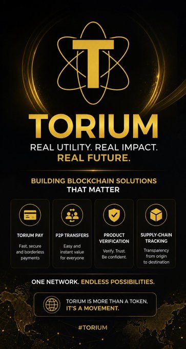 Black and gold promotional graphic for 'TORIUM' blockchain, featuring an atom logo and listing features: Torium Pay, P2P Transfers, Product Verification, and Supply-Chain Tracking.