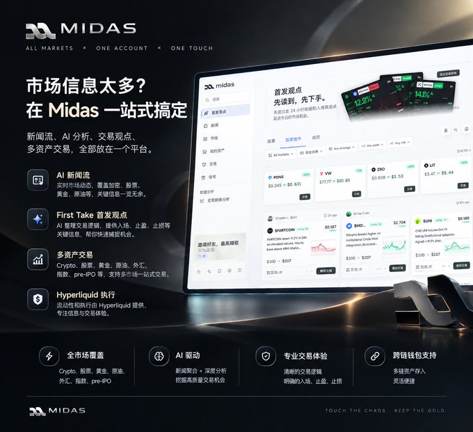 Promotional image for Midas, a one-stop crypto trading platform, featuring the tagline 'ALL MARKETS × ONE ACCOUNT × ONE TOUCH' and Chinese text highlighting AI news flow, First Take insights, multi-asset trading (Crypto, stocks, gold, forex, indices), and Hyperliquid execution.