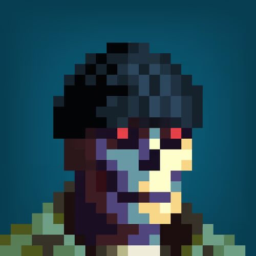 A pixelated portrait of a zombie-like figure with glowing red eyes, dark messy hair, and decaying greenish-blue skin against a teal background—evoking the undead lore tied to Genuine Undead NFT. The haunting, retro-style bust visually reinforces the post’s message about enduring presence and rarity in the web3 space.