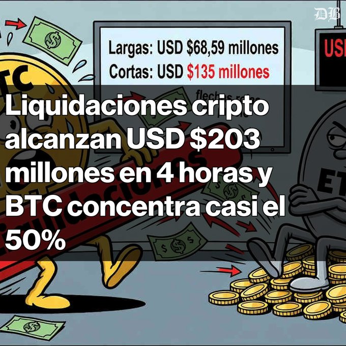 A Spanish-language infographic stating 'Liquidaciones cripto alcanzan USD $203 millones en 4 horas y BTC concentra casi el 50%', showing long liquidations of $68.59 million and short liquidations of $135 million.