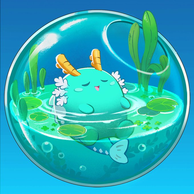 The image features a cartoon fish swimming inside a glass bowl filled with water. The fish appears to be floating, as if it's taking a nap or sleeping. The background of the image is blue, which complements the color of the fish. There are also some plants in the scene that add to the overall atmosphere and aesthetic appeal of the illustration.