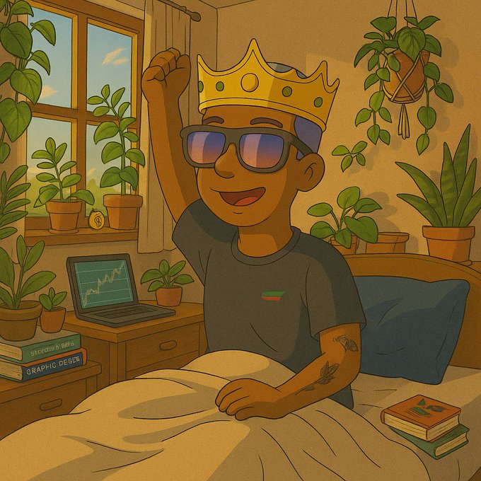 A vibrant digital illustration of a smiling dark-skinned character wearing a golden crown and sunglasses, sitting up in bed in a plant-filled room with a laptop showing a stock chart.